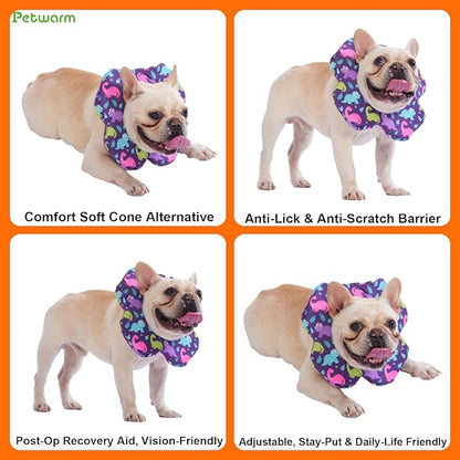 PetWarm Recovery Collar for Dogs, Dog Recovery Collar, Lightweight Pet Neck Protector with Memory Foam Padding, Gentle No-Lick Flower Design for Calm Rest and Travel, Dinosaur Print, Purple, L