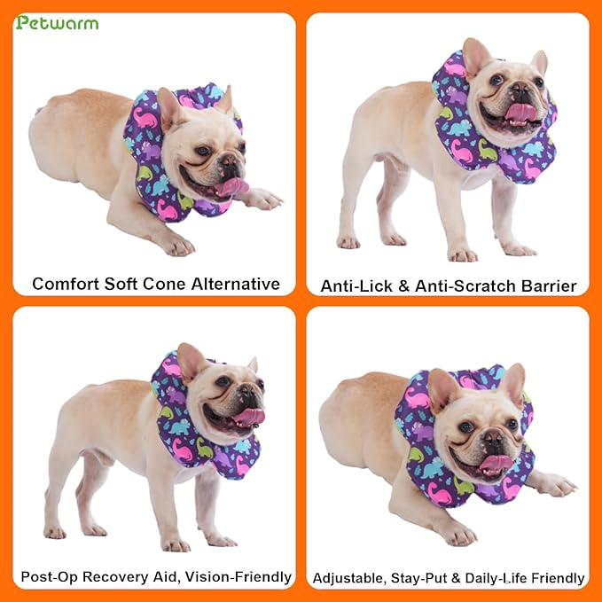 PetWarm Recovery Collar for Dogs, Dog Recovery Collar, Lightweight Pet Neck Protector with Memory Foam Padding, Gentle No-Lick Flower Design for Calm Rest and Travel, Dinosaur Print, Purple, S