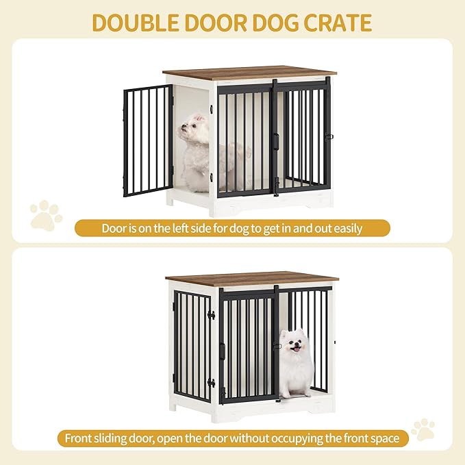 Hzuaneri 27.2" Dog Crate Furniture with Barn Door, Heavy Duty Dog Kennel Indoor with 2 Doors, Wooden Pet Cage End Table for Small Medium Dogs up to 22 lb, Anti-Chew Anti-Escape, White Brown DFC84314B