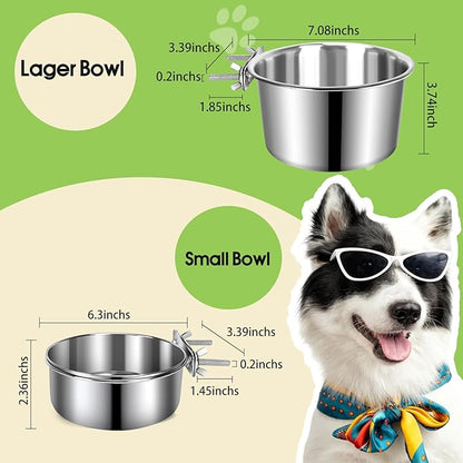 2 Pack Dog Crate Water Bowl No Spill, Stainless Steel Dog Bowls for Food and Water, Pet Kennel Hanging Dogs Food Bowls for Medium/Large Dogs and Cats (7.1"x3.7" & 6.3"*2.6", Silver)