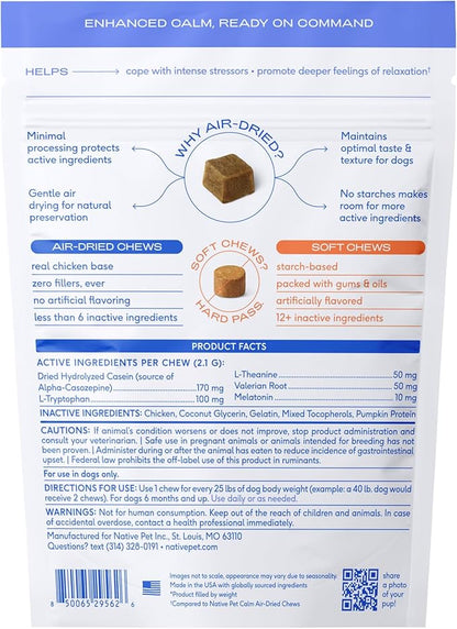 Native Pet Advanced Calming Chews for Dogs Large Breed - Anxiety Relief, Stress, Separation & Sleep Support with Melatonin for Dogs, Hydrolyzed Casein, Valerian Root & L-Tryptophan - 30 Days Supply