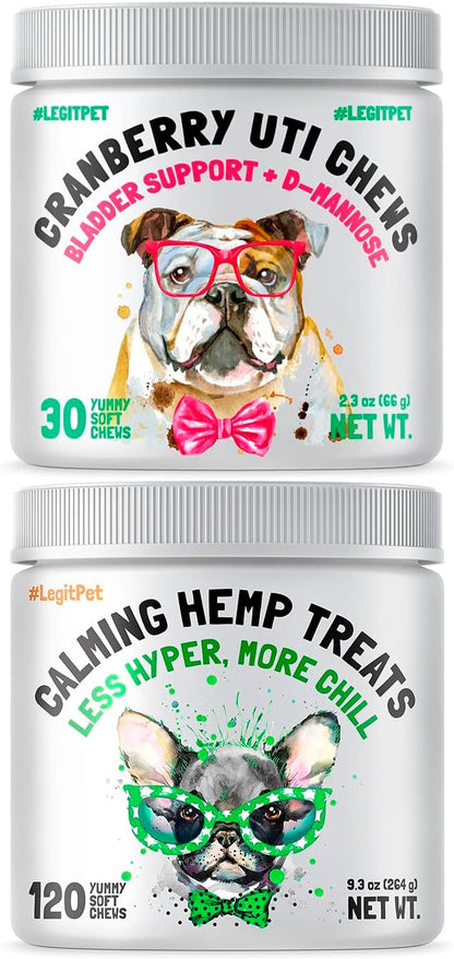 Cranberry UTI Chews for Dogs Bladder Support + D-Mannose Supports Kidney Urinary Tract 30 Chews and Calming Hemp Treats for Dogs Made in USA with Organic Hemp 120 Chews