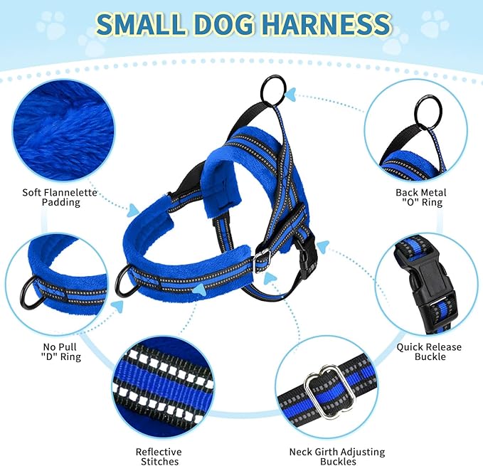 Lukovee No Pull Dog Harness and Leash Set, Soft Padded Small Dog Harness, Neck & Chest Adjustable Reflective Vest Puppy Harness with 4ft Lightweight Anti-Twist Dog Leash for Small Dogs (S, Blue)