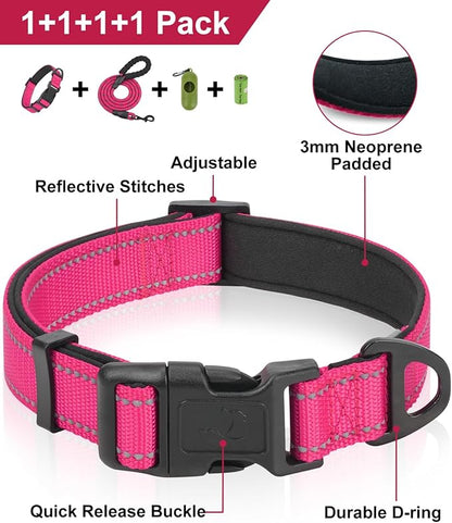 Dynmeow Reflective Dog Collar and Leash Set, 6FT Strong Climbing Rope Leash with Padded Handle, Adjustable Pet Collar with Soft Neoprene Padding for Puppy Small Dogs, Hot-Pink, Xs
