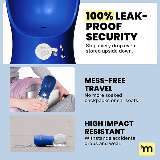 MalsiPree Dog Water Bottle Dispenser for Walks - 12 oz Navy Blue - Leak-Proof Lock & One-Hand Operation - On the Go Dog Water Dispenser- Pet Travel Bottle with Built-in Bowl, for Hiking & Travel