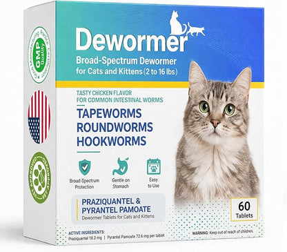 Broad-Spectrum Dewormer for Cats and Kittens,Cat Dewormer for All wormers(Praziquantel, Pyrantel Pamoate) for Hookworms, Tapeworms & Roundworms, 60 Tablets