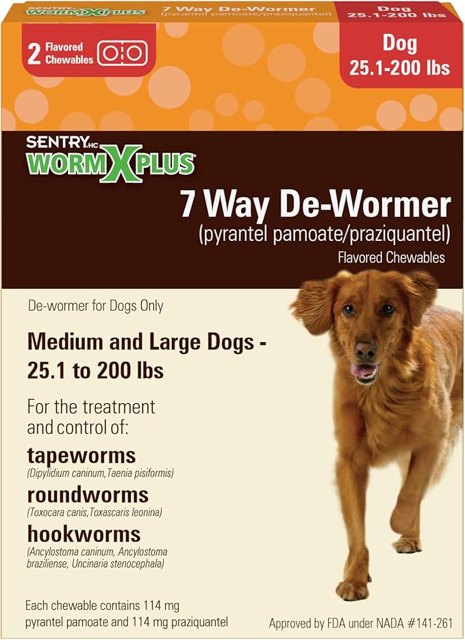WORM X PLUS 7 Way De-Wormer Chewables for Dogs - Tablets for Medium & Large Dogs (Over 25 lbs) (pyrantel pamoate/praziquantel), 2 Count