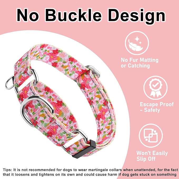 Reflective Martingale Collar for Dogs Nylon Training Collar with No Buckle Cute Floral No Pull Dog Collar for Medium Dogs（Pink Flower，M）