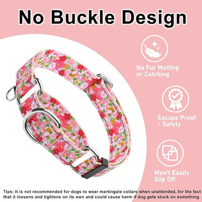 Reflective Martingale Collar for Dogs Nylon Training Collar with No Buckle Cute Floral No Pull Dog Collar for Medium Dogs（Pink Flower，M）