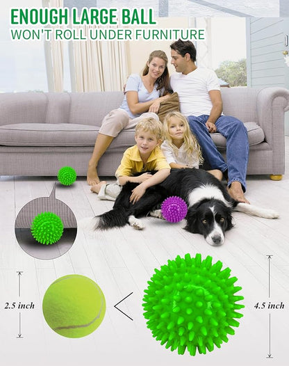 Pweituoet 4.5” Heavy Duty Squeaky Dog Balls for Medium Large Dogs, Dog Toys for Aggressive Chewers, Spike Ball Toys for Clean Teeth and Training(2 Pack) (4.5" Purple and Green)