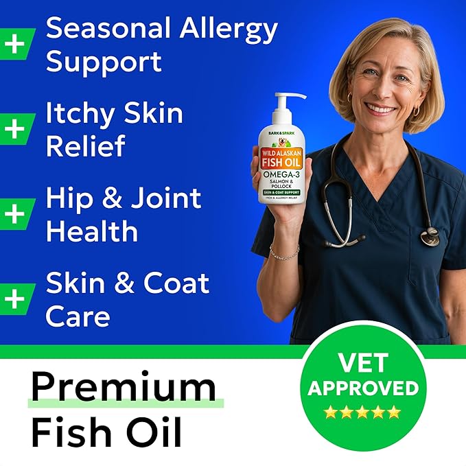 Bark&Spark Fish Oil for Dogs - Natural Omega-3 - Skin & Coat Support - Liquid Food Supplement for Pets - Natural EPA + DHA Fatty Acids for Joint Function, Immune & Heart Health 8oz - Salmon