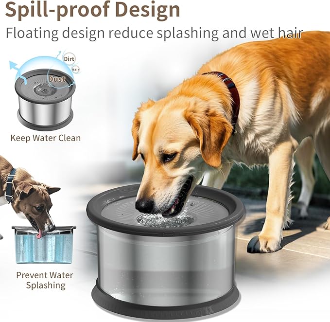 2.5L Dog Water Bowl 101oz Stainless Steel Water Bowls for Dogs No Splash Pet Water Dispenser with Non-Slip Base for Dogs and Cats 2.5L+2 Filters