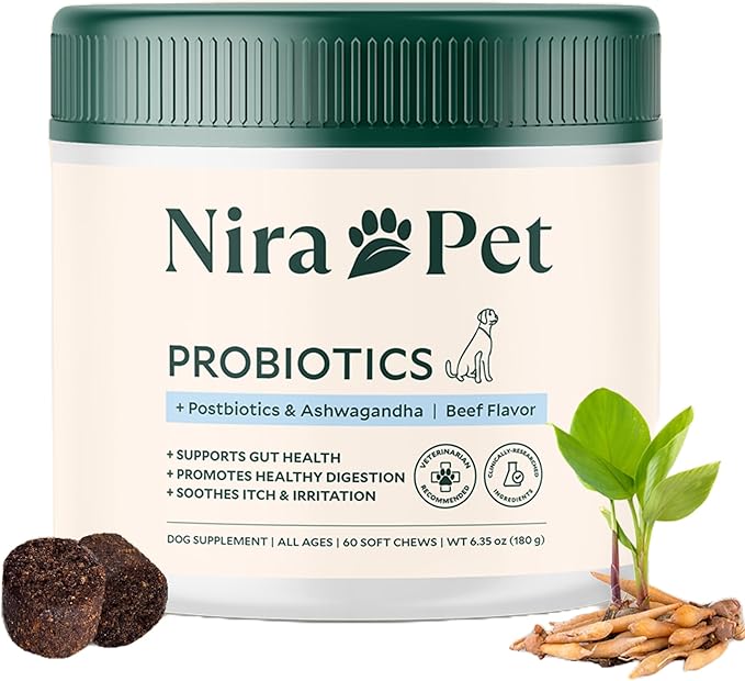 Nira Pet 5-in-1 Anti-Itch Probiotics for Dogs – 2 Strain Formula for Itching, Allergies and Gut Health with Colostrum, Postbiotics – 60 Beef Chews