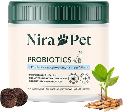 Nira Pet 5-in-1 Anti-Itch Probiotics for Dogs – 2 Strain Formula for Itching, Allergies and Gut Health with Colostrum, Postbiotics – 60 Beef Chews