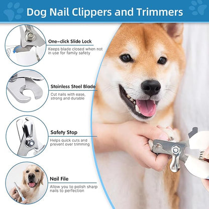 Dog Brush Dog Grooming Kit 6PCS Dog Brush for Shedding-Dog Brushes for Grooming, Dematting Comb for Dogs, Cat Nail Clipper with Nail File, Flea Comb, Bath Brush(Blue)