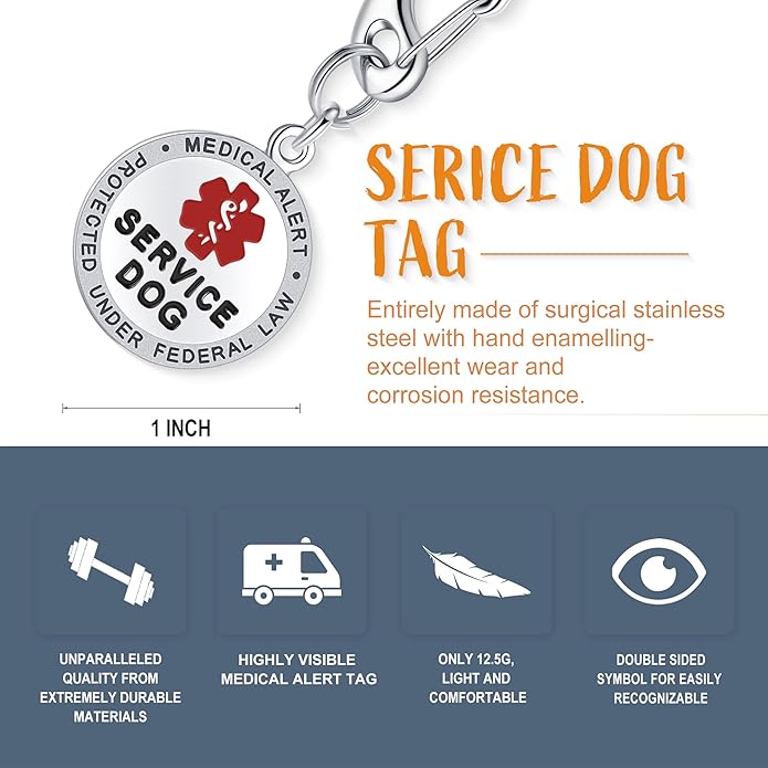Service Dog Tag/ESA Animal Tag - Double Sided with Federal Protection & Red Medical Alert Symbol| Easily Attach to Collar, Harness, Vest | Service Dog Identification Tag