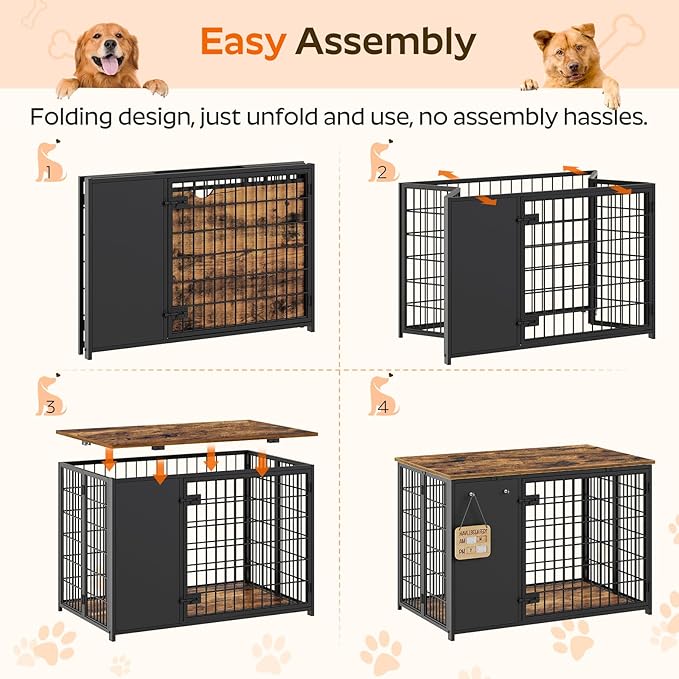 YATINEY Foldable Dog Crate Furniture, Dog Crate with DIY Frame, Heavy Duty Dog Kennel Indoor with Hooks, Wooden Dog Cage End Table, for Small/Medium Dogs, Rustic Brown and Black DC95BR