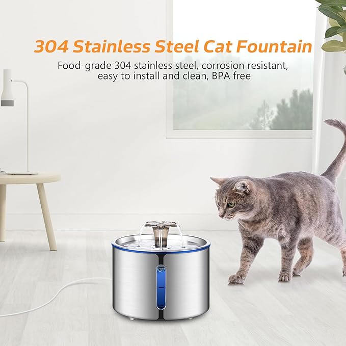 BOORCA Cat Fountain, 84oz/2.5L Stainless Steel Pet Water Fountain, Automatic Dog Water Dispenser, Water Level Window, Ultra-Quiet Pump, Perfect for Cats, Dogs and Multiple Pets, 4 Filters