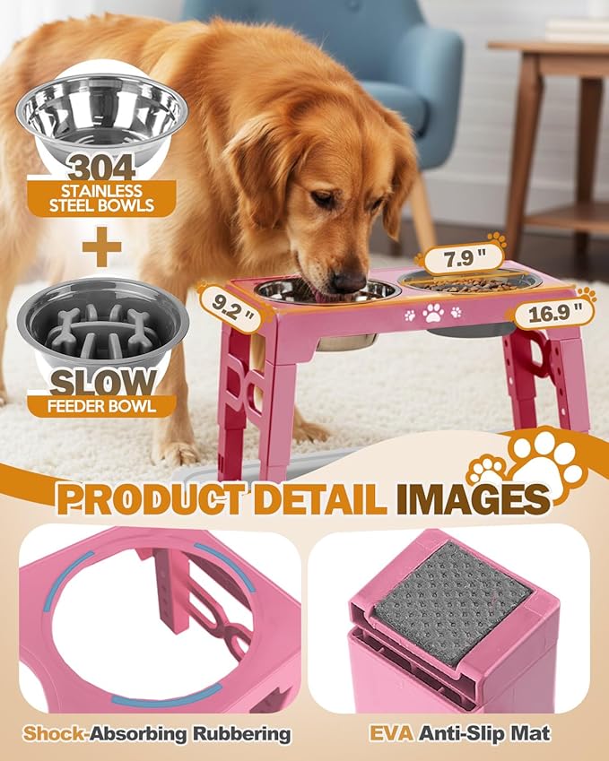 Jovrun Elevated Dog Bowls for Medium Size Dogs with Mat, Non-Slip Dog Feeder with 1*Stainless Steel Dishes & 1*Slow Feeder Bowl, 5 Heights Adjustable Raised Bowls for 3.15″-8.66″-9.84″-11.02″-12.2″