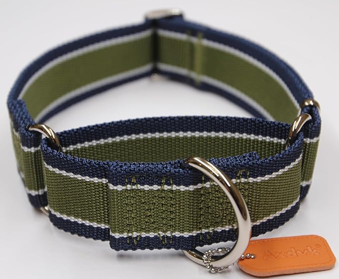 Martingale Collar 1.5 Inch Wide 1600D Extra Strong Anti Escape Nylon Dog Collar, No Pull Heavy Duty Dog Collar with 3-Color Stripe for Medium Dogs (M, Army Green & Gray)