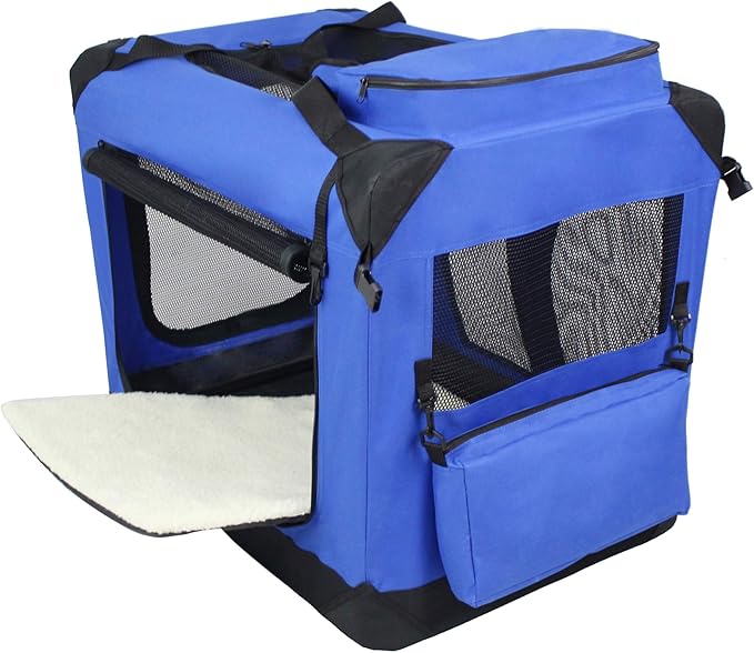 EliteField 3-Door Folding Soft Dog Crate with Carrying Bag and Fleece Bed (2 Year Warranty), Indoor & Outdoor Pet Home (20" L x 14" W x 14" H, Royal Blue)