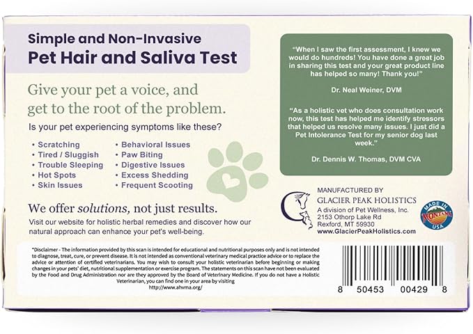 Glacier Peak Holistics, The Original Pet Intolerance Test - Screen Over 395 Food and Environmental Stressors, A Hair and Saliva Kit for Cat and Dog Sensitivities (Results in 7-10 Business Days)
