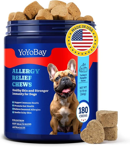 Dog Allergy Relief Chews – 180 Soft Chews, Turkey & Pumpkin Flavor - Immune Support & Itch Relief with Colostrum, Astragalus Root, 6-Strain Gut Health Blend