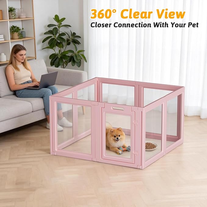 DIY Clear Acrylic Dog Playpen House,Quick Easy Assembly and Disassembly,Strong Floor Suction,Indoor and Outdoor Use,Easy Cleansing Puppy Fence (Skin Pink, 23.6" H, 8PCS)