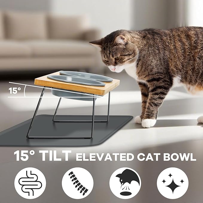 LEAWALK Upgraded Adjustable Height Cat Food Bowls Stand Ceramic Dog Bowls and Slow Feeder Cat Bowl, 15°Tilted Stand Anti Vomiting Raised for Small and Medium Sized Cats Dogs (Grey (2 Bowl+Pet mat))