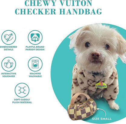 Haute Diggity Dog Chewy Vuiton Handbag Plush Squeaky Dog Toy, Soft Durable Designer-Inspired Stuffed Puppy Chew Toys for Small, Medium & Large Dogs, Machine-Washable (Tan Checker) XL