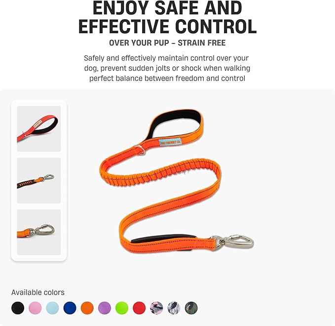 Dog Friendly Co. Bungee Dog Leash | Strain Free & Shock Resistant for Control | Neoprene Padded Handle, Heavy-Duty Carabiner Clip, and D-Ring | Green Camo, Size Regular