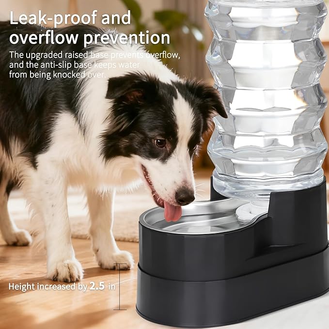 RIZZARI Automatic Dog Water Dispenser: 9L Black Elevated Feeder with Stainless Steel Dish for Elderly Dogs with Spinal Issues - Gravity-Fed Wide-Mouth - Non-Slip - Stable Base for Home or Garage Use