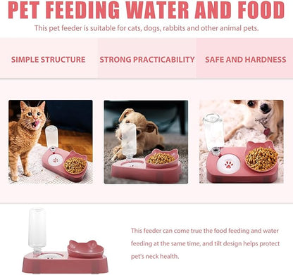 Kisangel Stable Automatic Dog Water Bowl with Dual Feeder Design Spill-Resistant Pet Food and Water Dispenser for Cats and Dogs Neck Protection Pink Pet Feeding Bowl