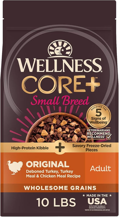 Wellness CORE+ Dry Dog Food with Freeze Dried Pieces, Small Breed, Wholesome Grains, High Protein, Natural, Original Turkey & Chicken Recipe, (10-Pound Bag)