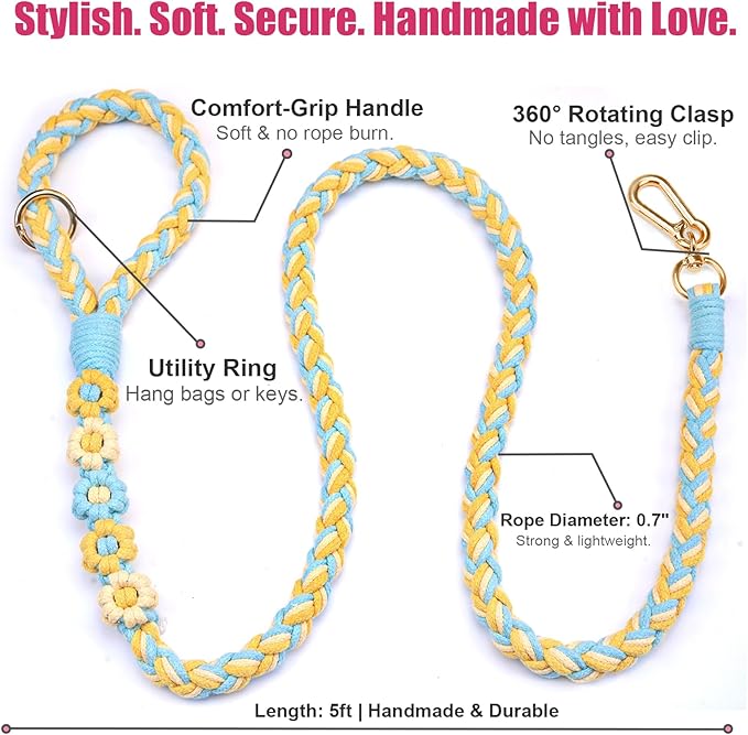 Handmade 5ft Braided Cotton Dog Leash with Unique Floral Handle, Durable and Stylish, Ideal for Small to Large Dogs, Blue & Yellow Twist