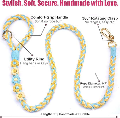 Handmade 5ft Braided Cotton Dog Leash with Unique Floral Handle, Durable and Stylish, Ideal for Small to Large Dogs, Blue & Yellow Twist