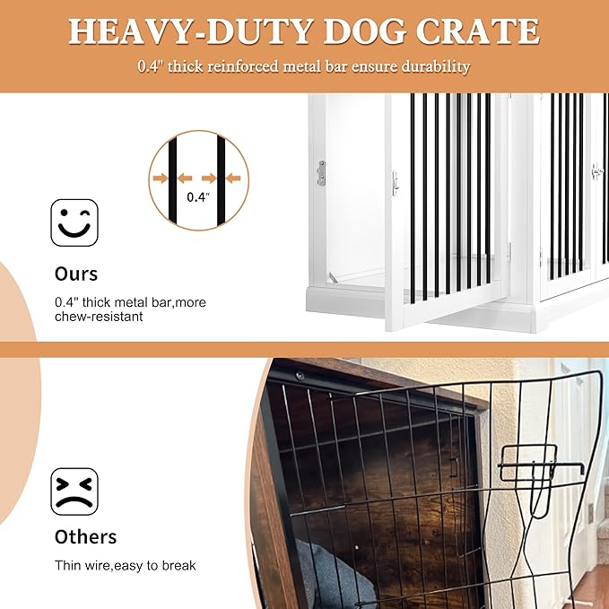 PUPETPO Furniture Style Dog Crate with Cushion, Dog Kennel Medium, Pet Crates, Dog Cage for Small and Medium Dogs, Decorative Dog Kennel with Flip-top Plate, Chew-Proof Metal Bars, White