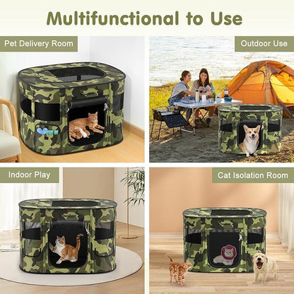 Dog Playpen, Portable Pet Cat PlayPen, 600D Oxford Dog Kennel Tent Crate, Waterproof&Breathable, Indoor Outdoor Travel Camping for Medium/Large Breed with Carrying Case+Bowl(M), Black Camouflage