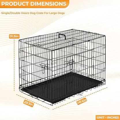 PayLessHere Large Dog Crate Kennel for Medium Large Dogs Metal Dog Cage Double-Door Folding Travel Indoor Outdoor Puppy Playpen with Divider and Handle Plastic Tray (48 Inch, Black)