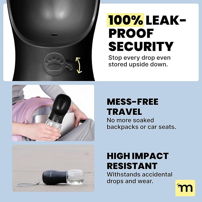 MalsiPree Dog Water Bottle - 19 Oz, Black, BPA-Free - Portable & Lightweight Water Dispenser with Bowl for Dogs - Leak-Proof & No-Waste Design for Travel