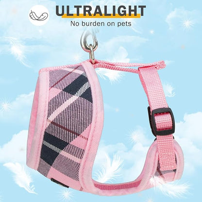 SCENEREAL Puppy Dog Harness with Leash Set for Small Medium Sized Dogs, Soft Mesh Pet Harnesses and Leash, No Chock Plaid Adjustable No Pull Vest for Dogs Cats, Chihuahua,Bulldog (Pink S)