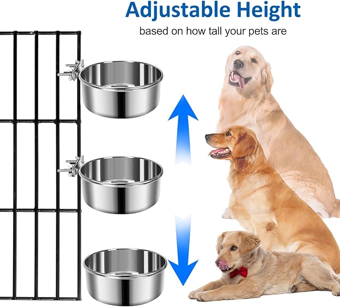 Dog Kennel Food and Water Bowls, 2 Pack Hanging Metal Dog Bowls No Spill, Stainless Steel Pet Dish for Small & Medium Breed Pets (6.3 x 2.6” & 5.5 x 2.4”)