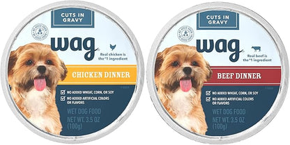 Amazon Brand – Wag Wet Dog Food Cups, Chicken & Beef in Gravy Variety Pack, 3.5oz, 12 pack