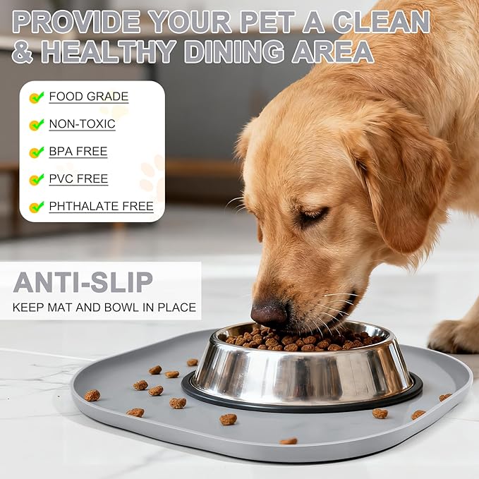 SMILOOL Small Silicone Pet Food Mat with Raised Edge for Food and Water Bowl, Square Dog Feeding Mats, Cat Food Trays for Floor Waterproof, Rubber Tray for Dogs and Cats, 12 x 12 x 0.7 Light Gray