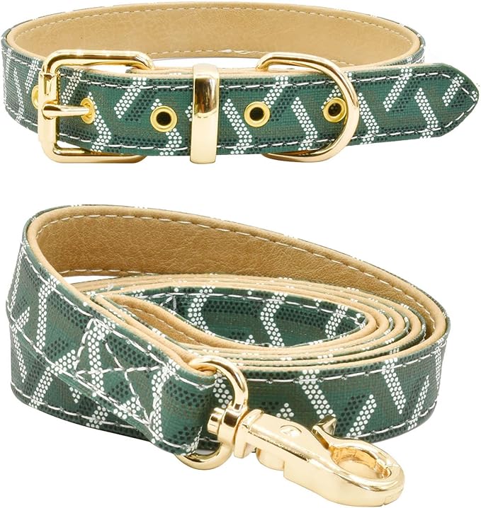 Leather Dog Collar and Leash Set, Check Pattern Dog Collar Leashes Metal Buckle Adjustable Durable for Small Medium Large Dogs (Green, L(14.5-18.5IN))