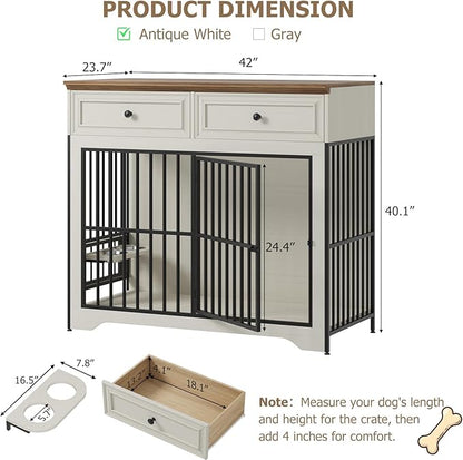 QUW 42" Modern Dog Crate Furniture, Wooden Dog Kennel for Medium to Large with 360° Rotating & 3-Levels Adjustable Height Dogs Bowl Holder, Decorative Dogs cage Pet House Indoor, Antique White