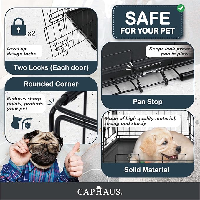 CAPHAUS Foldable Dog Crate Wire Metal Dog Kennel w/Leak-Proof Pan & Protecting Feet & Divider Panel, Single Door, Small, Medium & Large Dog Crate Indoor Wire Dog Cage, 30” New Version w/Single Door