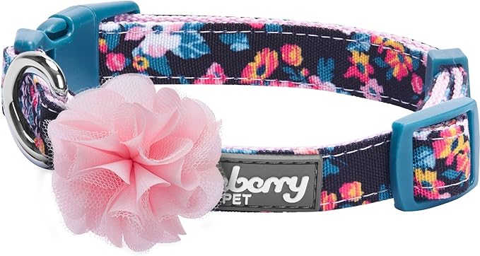 Blueberry Pet Made Well Elegant Floral Print Adjustable Dog Collar in Sleek Black with Pink Artificial Silk Flower, Small, Neck 12"-16"