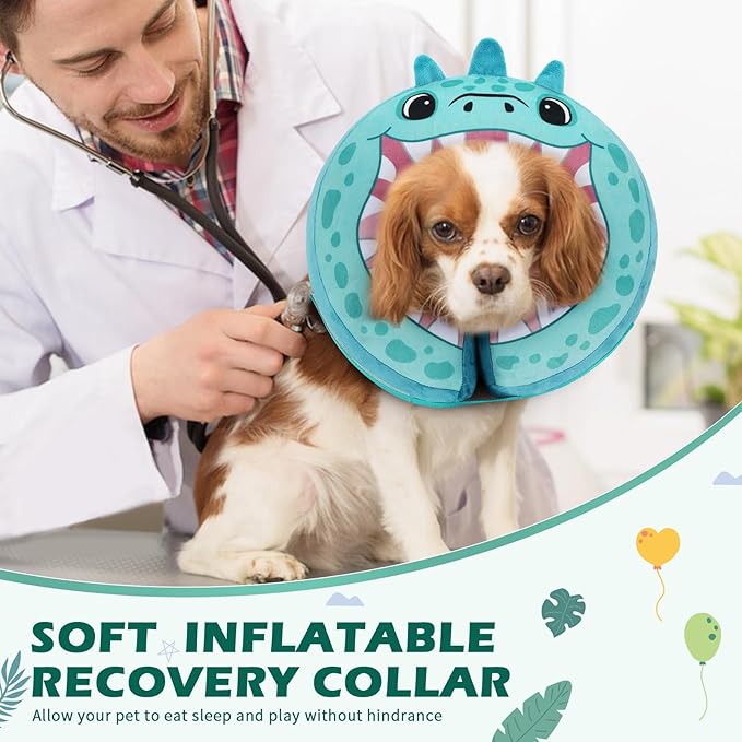 IEUUMLER Inflatable Recovery Dog Collar, Protective Donut Cone, Adjustable Soft Collar for Dog and Cat After Surgery Prevent from Biting & Scratching EU002 - Teal Dinosaur M