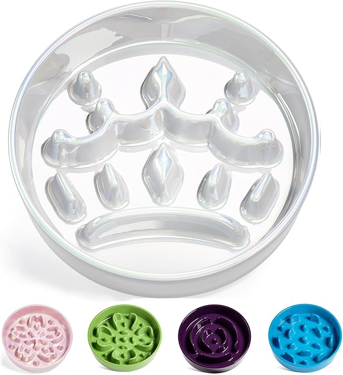 LE TAUCI Dog Bowls Slow Feeder Ceramic, 1.5 Cup Slow Feeding Bowl for Small and Medium Breed, Puzzle Dog Food Bowl for Fast Eater, Crown Silver